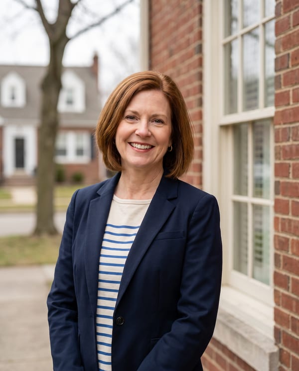 Claire Dunmore, founder of Fairhaven Ledger Co., in a navy blazer beside a tall window and brick wall
