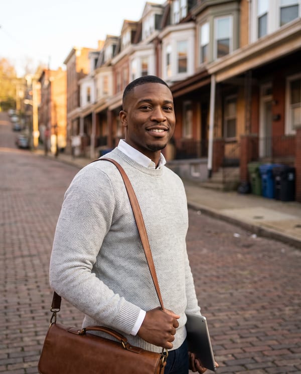 Elliot Varga, senior preparer, on a Brookline street with hillside rowhouses behind him