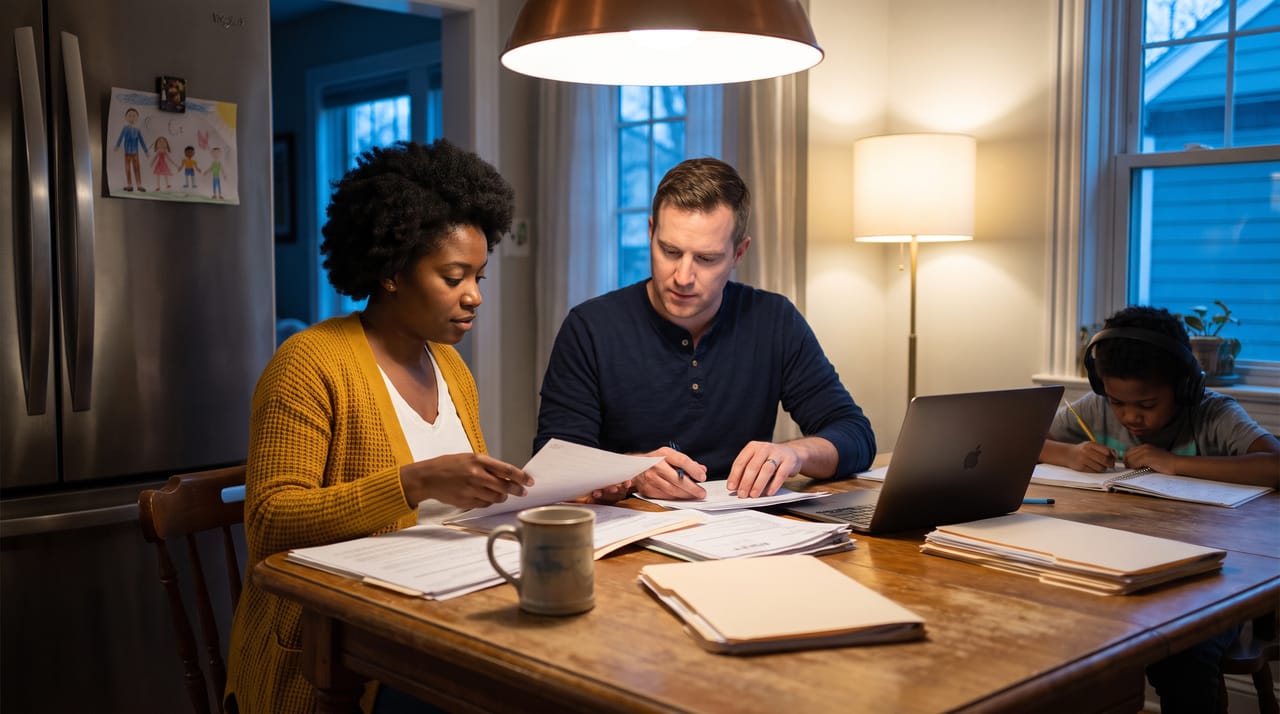 A couple sorting tax paperwork into folders at their kitchen table while their child does homework