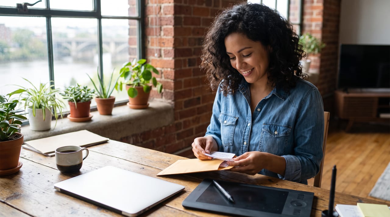 A freelance designer sorting receipts and invoices into an envelope at a sunny loft desk