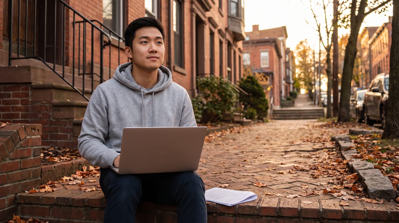 A recent graduate on a rowhouse stoop with a laptop and a folded form