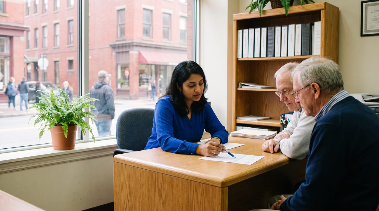A preparer turning a printed return toward a retired couple across a desk in the office