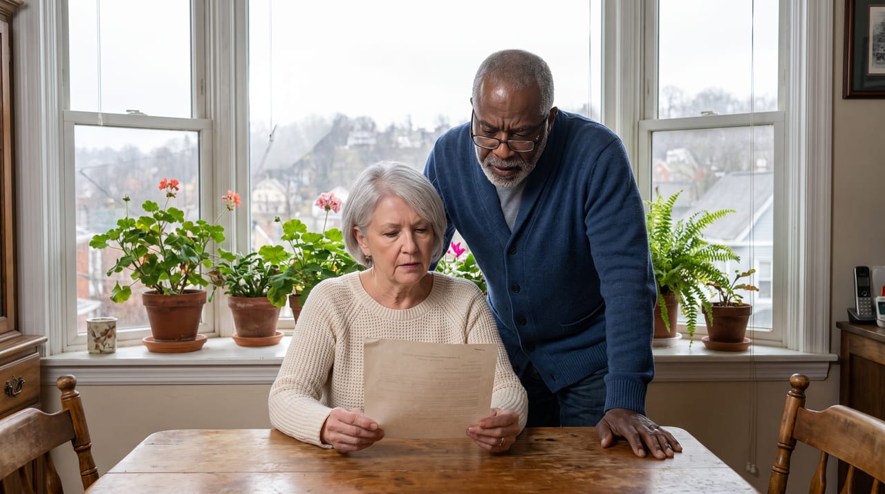 A retired couple reading a letter together at a dining table by a bay window