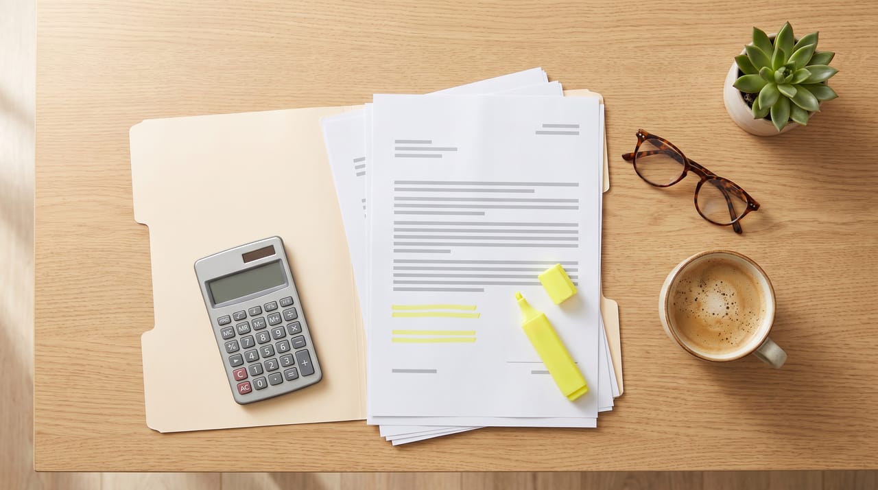 Tax paperwork, a calculator and a yellow highlighter laid out on an oak desk